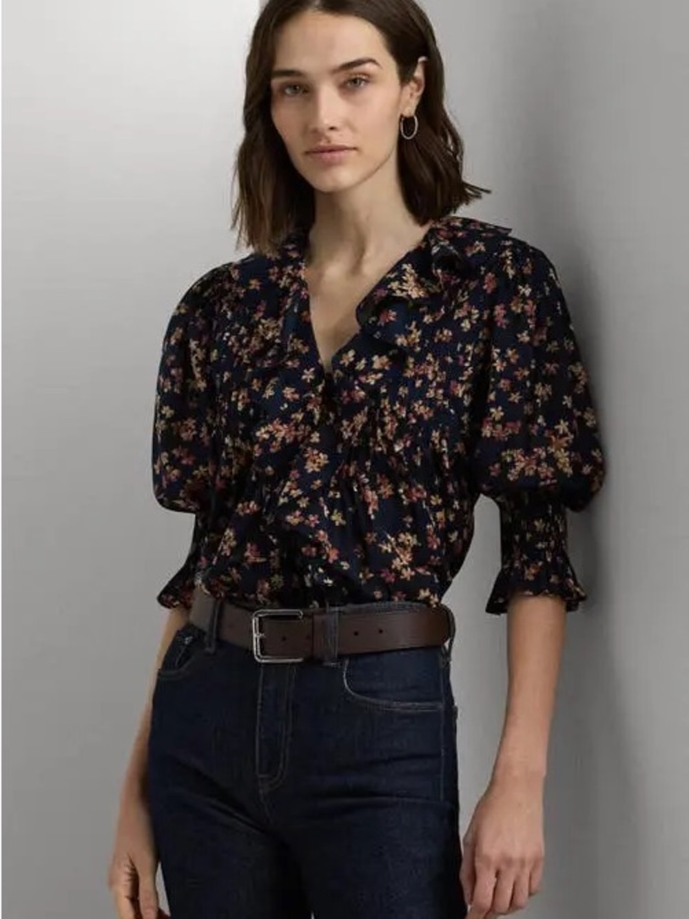 Ralph Lauren Navy Floral Ruffle Puff-Sleeve Blouse